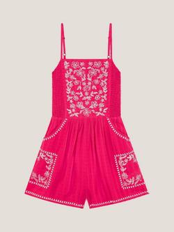Monsoon Kids' Cotton Floral Embroidered Playsuit, Pink, Pink