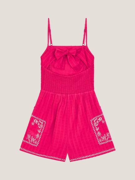 Monsoon Kids' Cotton Floral Embroidered Playsuit, Pink - view 2, Pink