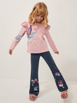 Monsoon Kids' Sequin Bow Embellished Flared Leggings, Navy, Navy