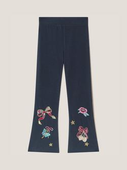 Monsoon Kids' Sequin Bow Embellished Flared Leggings, Navy - view 2, Navy
