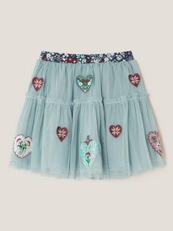 Monsoon Kids' Heart Embellished Tulle Skirt, Green - view 2, Green
