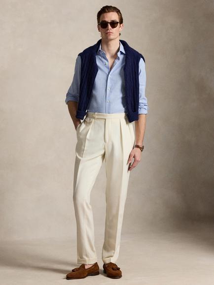 Ralph Lauren Custom Fit Houndstooth Linen Blend Long Sleeve Shirt, Cabana Blue/White, Cabana Blue Wh