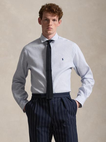 Ralph Lauren Custom Fit Striped Linen Blend Shirt, Cabana Blue Wh, Cabana Blue Wh