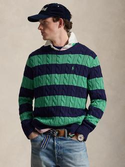 Polo Ralph Lauren Cotton Striped Cable Knit Jumper, Navy/Green, Navy/Green