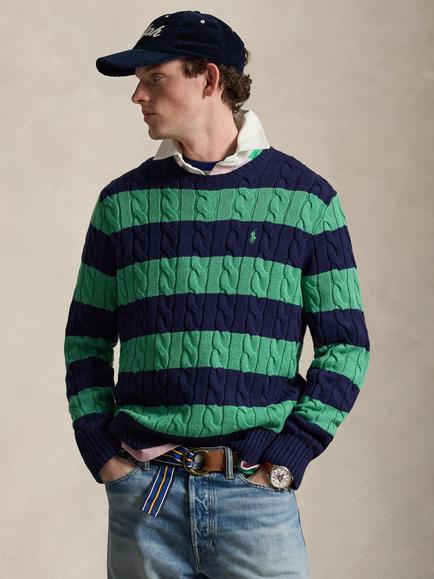 Polo Ralph Lauren Cotton Striped Cable Knit Jumper, Navy/Green, Navy/Green