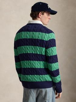 Polo Ralph Lauren Cotton Striped Cable Knit Jumper, Navy/Green - view 2, Navy/Green