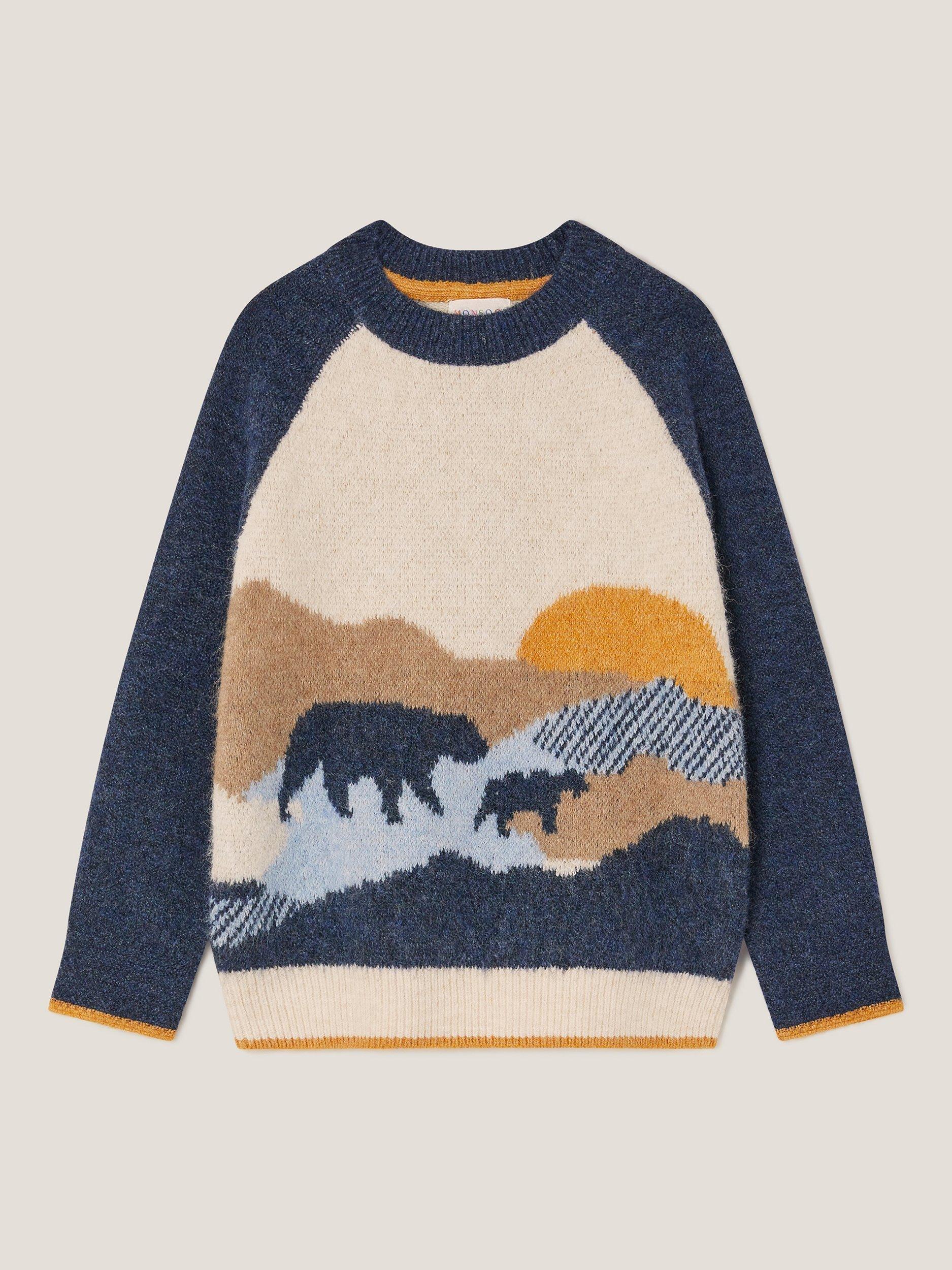 Product image 1 of 3, which shows Monsoon Kids' Knitted Bear Jumper, Beige/Multi, 2-3 years