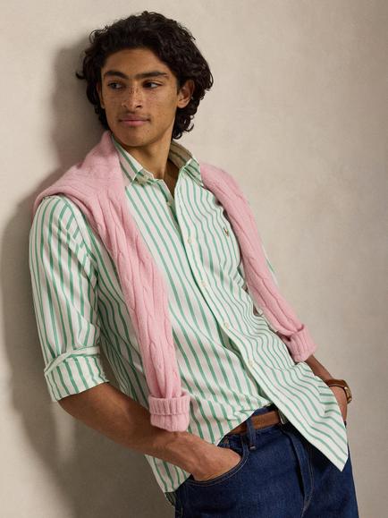 Polo Ralph Lauren Cotton Regular Fit Stripe Woven Sports Shirt, Summer Emerald/White, Summer Emerald/White