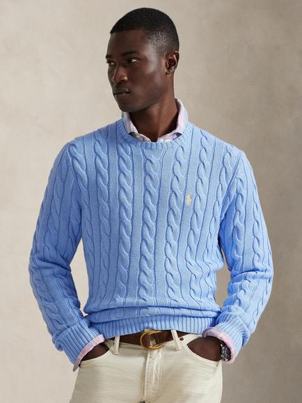 Polo Ralph Lauren Cotton Cable Knit Crew Neck Jumper, Austin Blue, Austin Blue