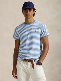 Polo Ralph Lauren Cotton Custom Slim Fit Short Sleeve Stripe T-Shirt, Bristol Blue/White, Bristol Blue/White
