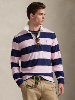 Ralph Lauren Iconic Stripe Cotton Rugby Shirt, Carmel Pink/Newport Navy, Carmel Pink/Newport Navy