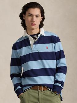 Polo Ralph Lauren Classic Fit Cotton Striped Rugby Shirt, Powder Blue/Newport Navy, Powder Blue/Newport Navy