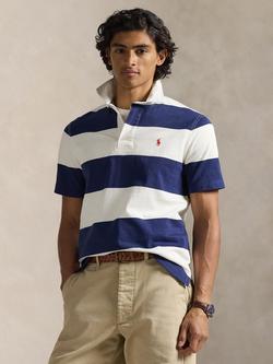 Ralph Lauren Iconic Stripe Short Sleeve Cotton Rugby Shirt, Dark Cobalt/Wash White