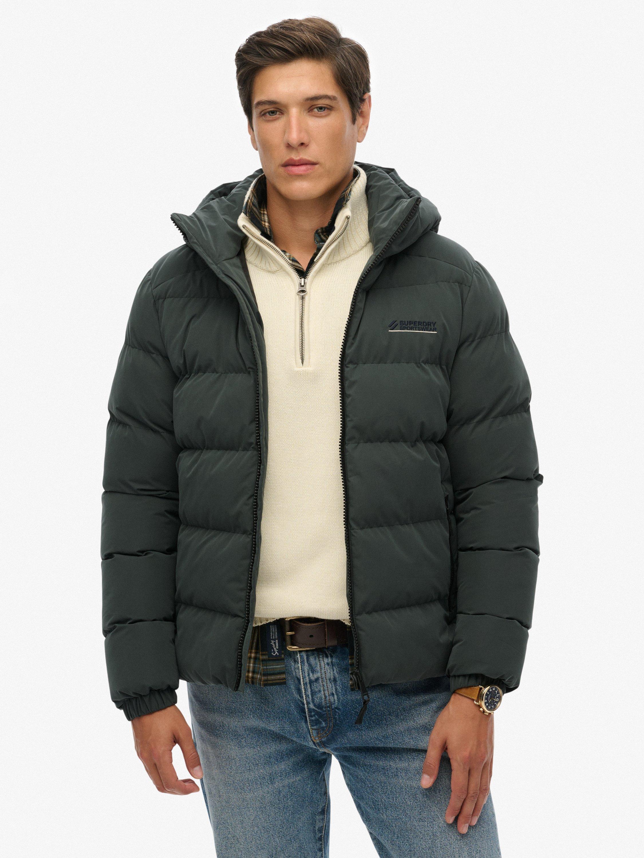 Product image 1 of 7, which shows Superdry Hooded Microfibre Sport Puffer Jacket, Academy Dark Green, L