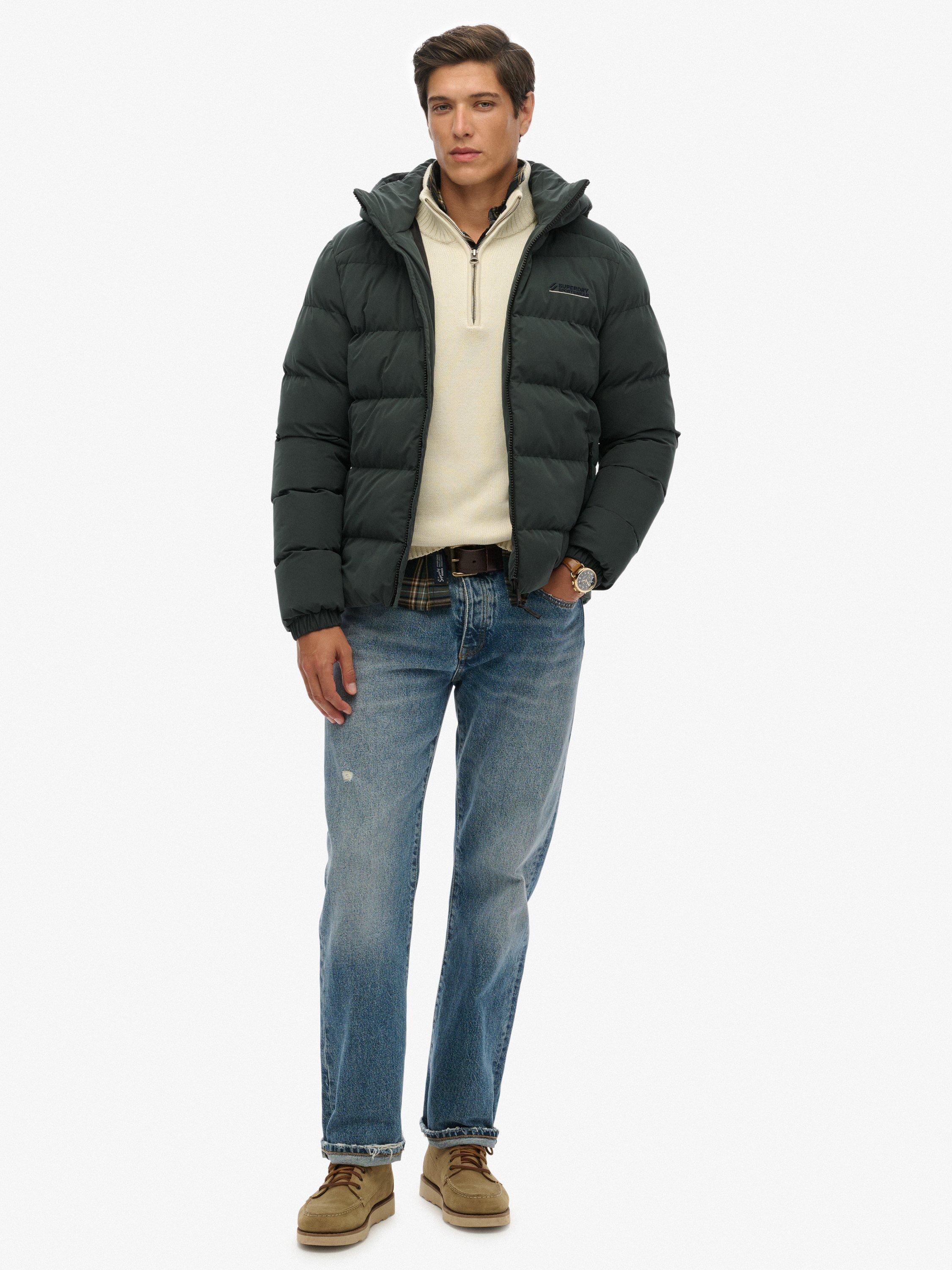 Product image 3 of 7, which shows Superdry Hooded Microfibre Sport Puffer Jacket, Academy Dark Green, L