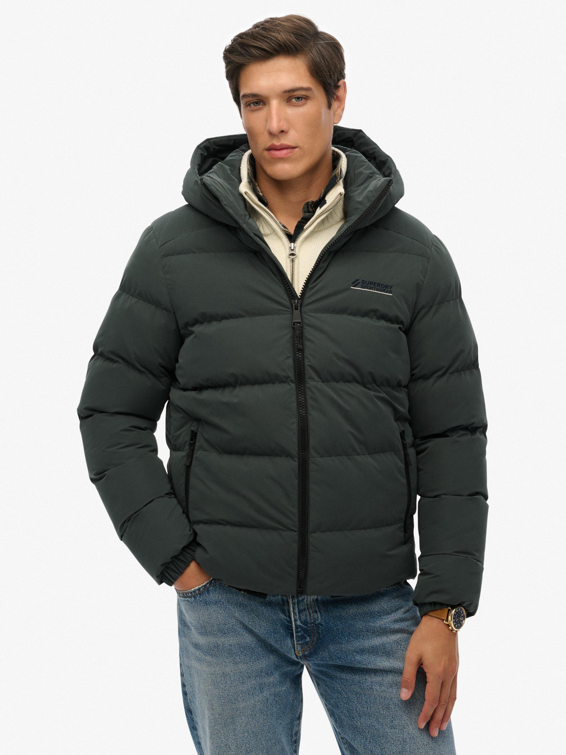 Product image 4 of 7, which shows Superdry Hooded Microfibre Sport Puffer Jacket, Academy Dark Green, L