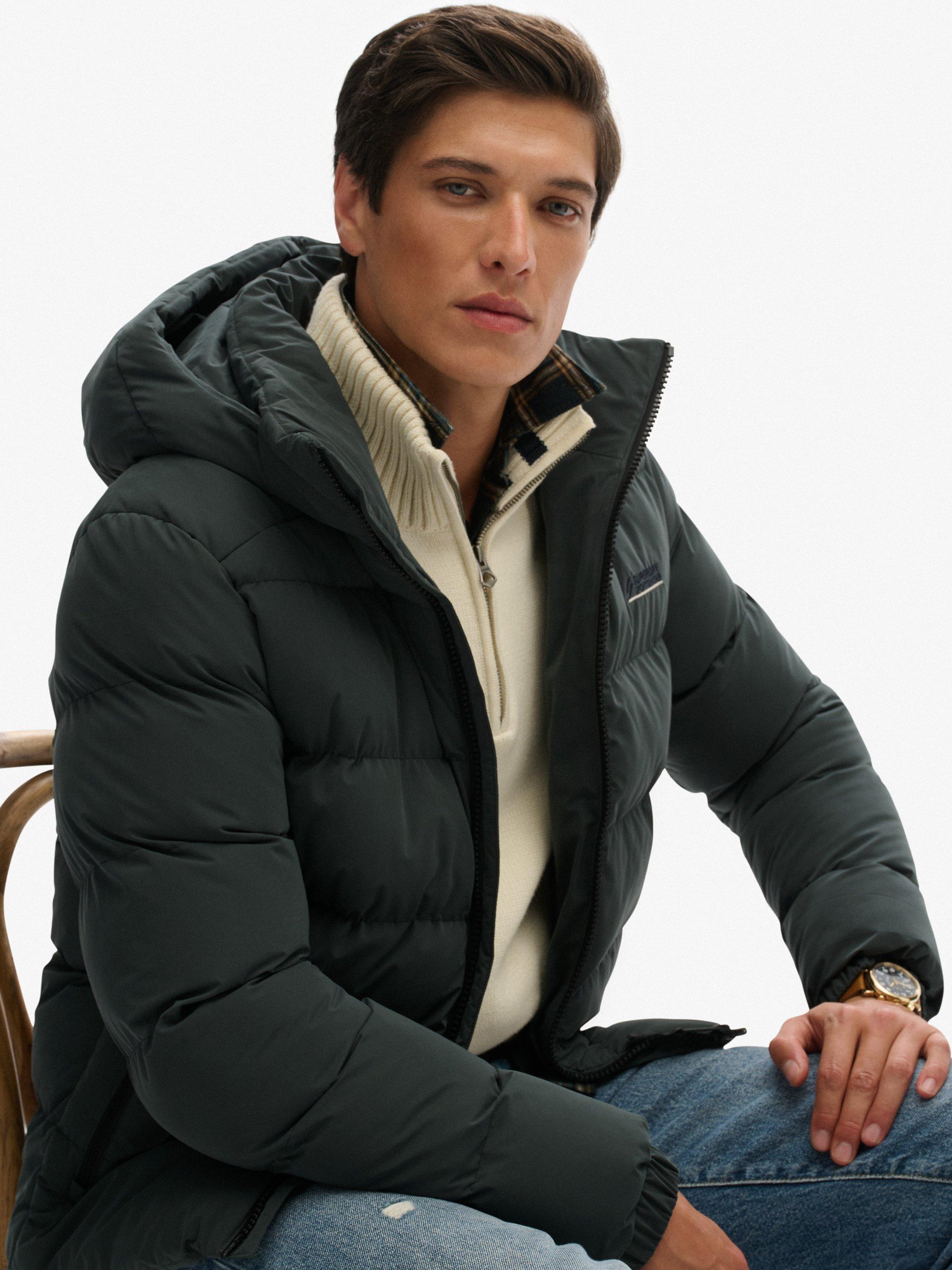 Product image 5 of 7, which shows Superdry Hooded Microfibre Sport Puffer Jacket, Academy Dark Green, L