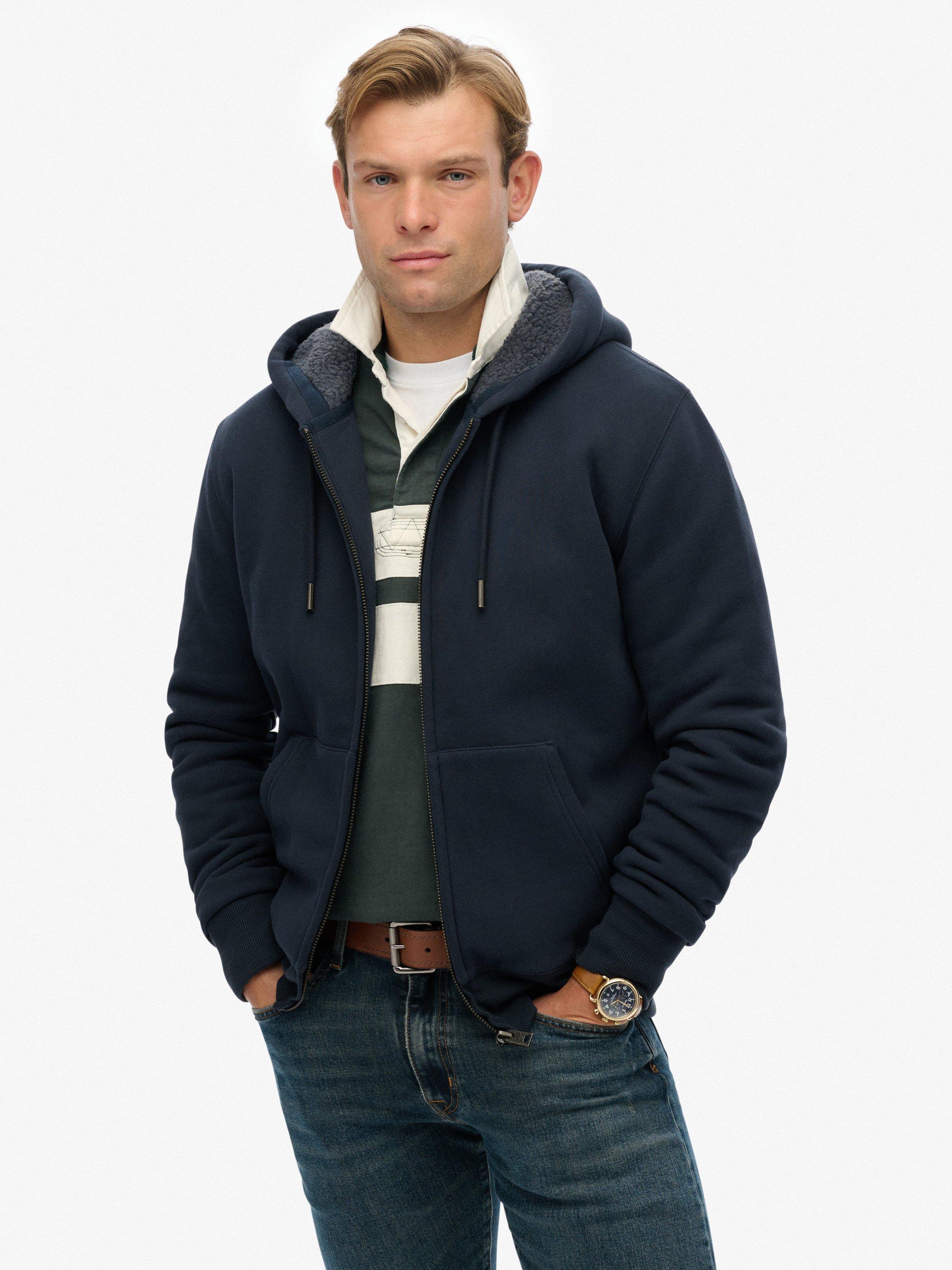 Product image 1 of 5, which shows Superdry Borg Lined Cotton Blend Zip-Through Hoodie, Eclipse Navy, S