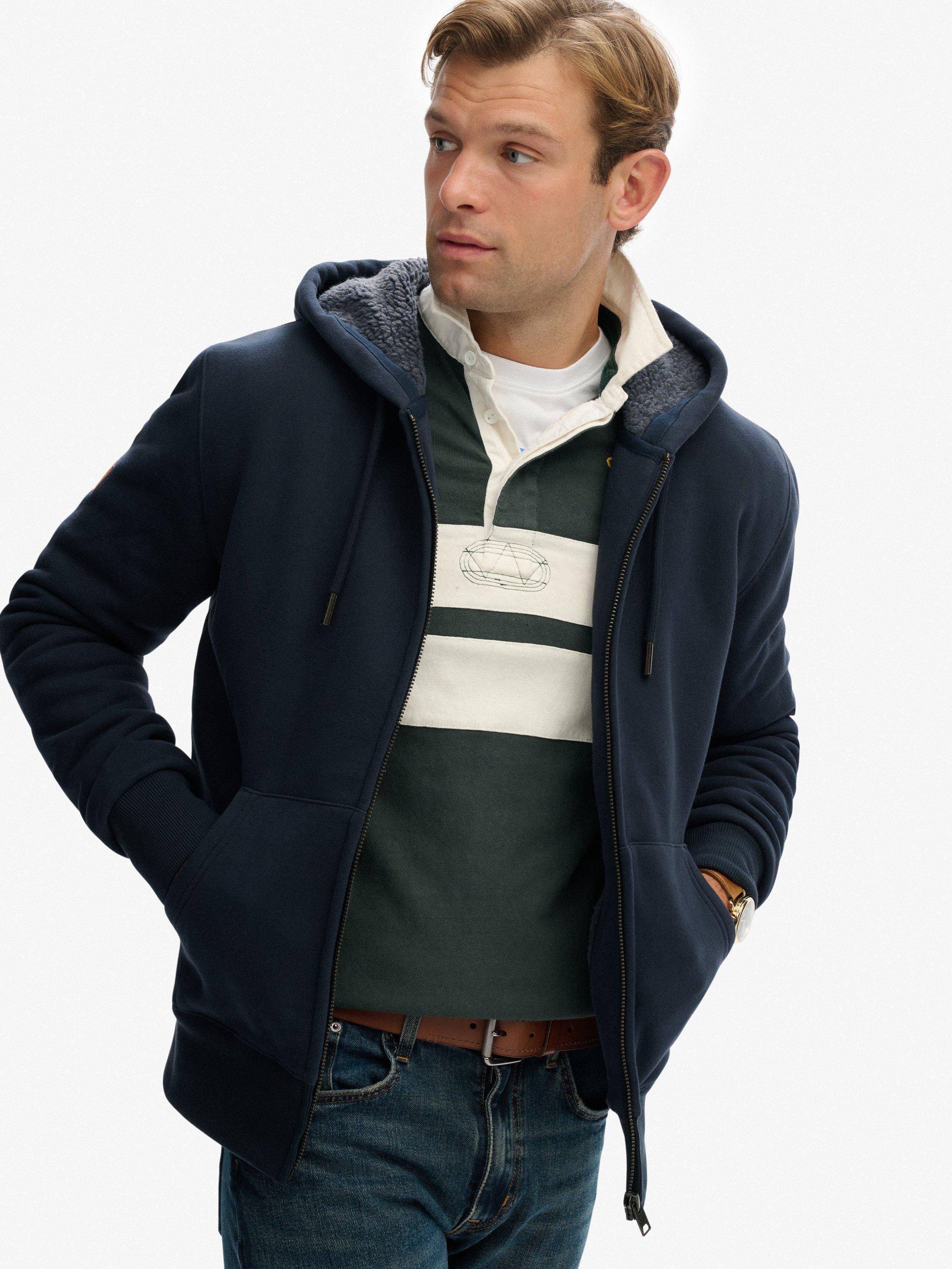 Product image 4 of 5, which shows Superdry Borg Lined Cotton Blend Zip-Through Hoodie, Eclipse Navy, S