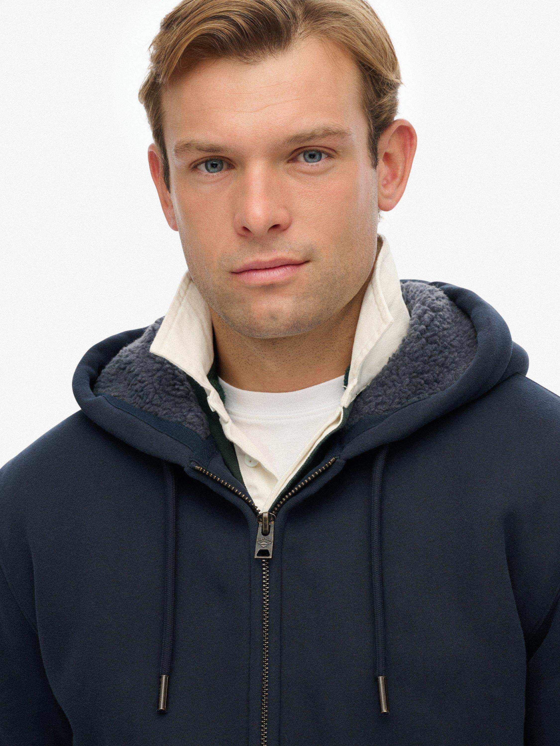 Product image 5 of 5, which shows Superdry Borg Lined Cotton Blend Zip-Through Hoodie, Eclipse Navy, S