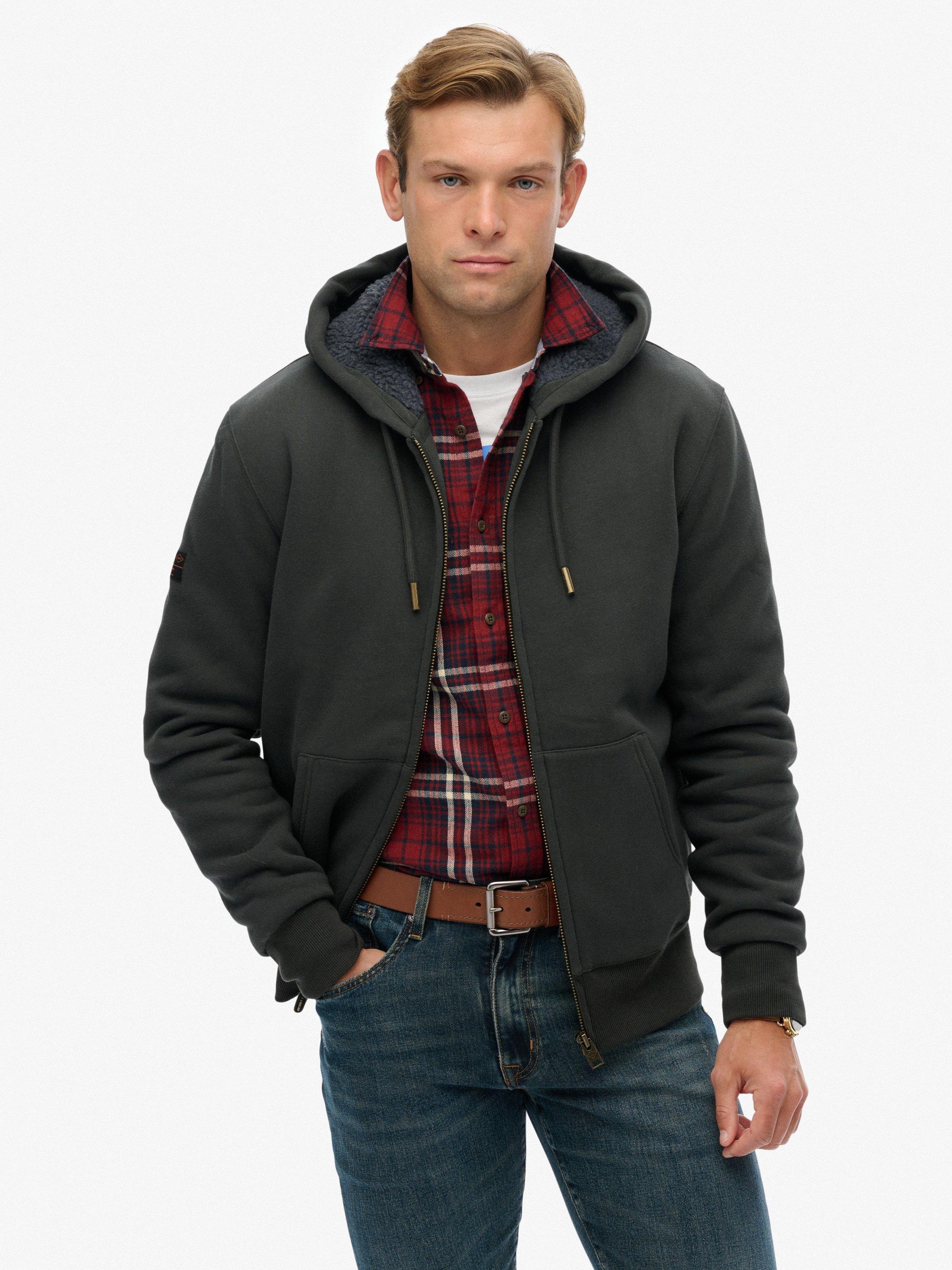 Product image 1 of 5, which shows Superdry Borg Lined Cotton Blend Zip-Through Hoodie, Washed Black, S