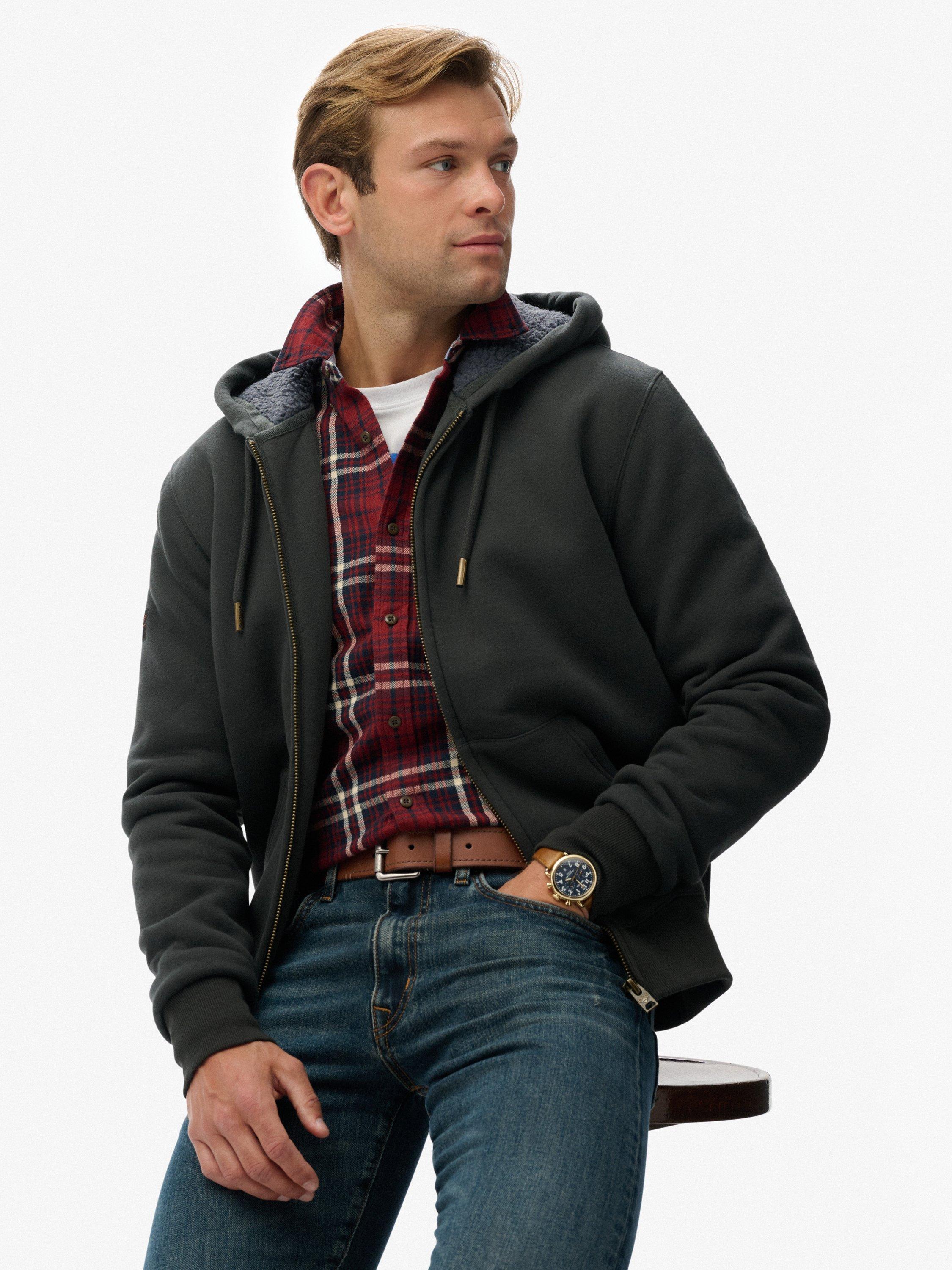 Product image 4 of 5, which shows Superdry Borg Lined Cotton Blend Zip-Through Hoodie, Washed Black, S