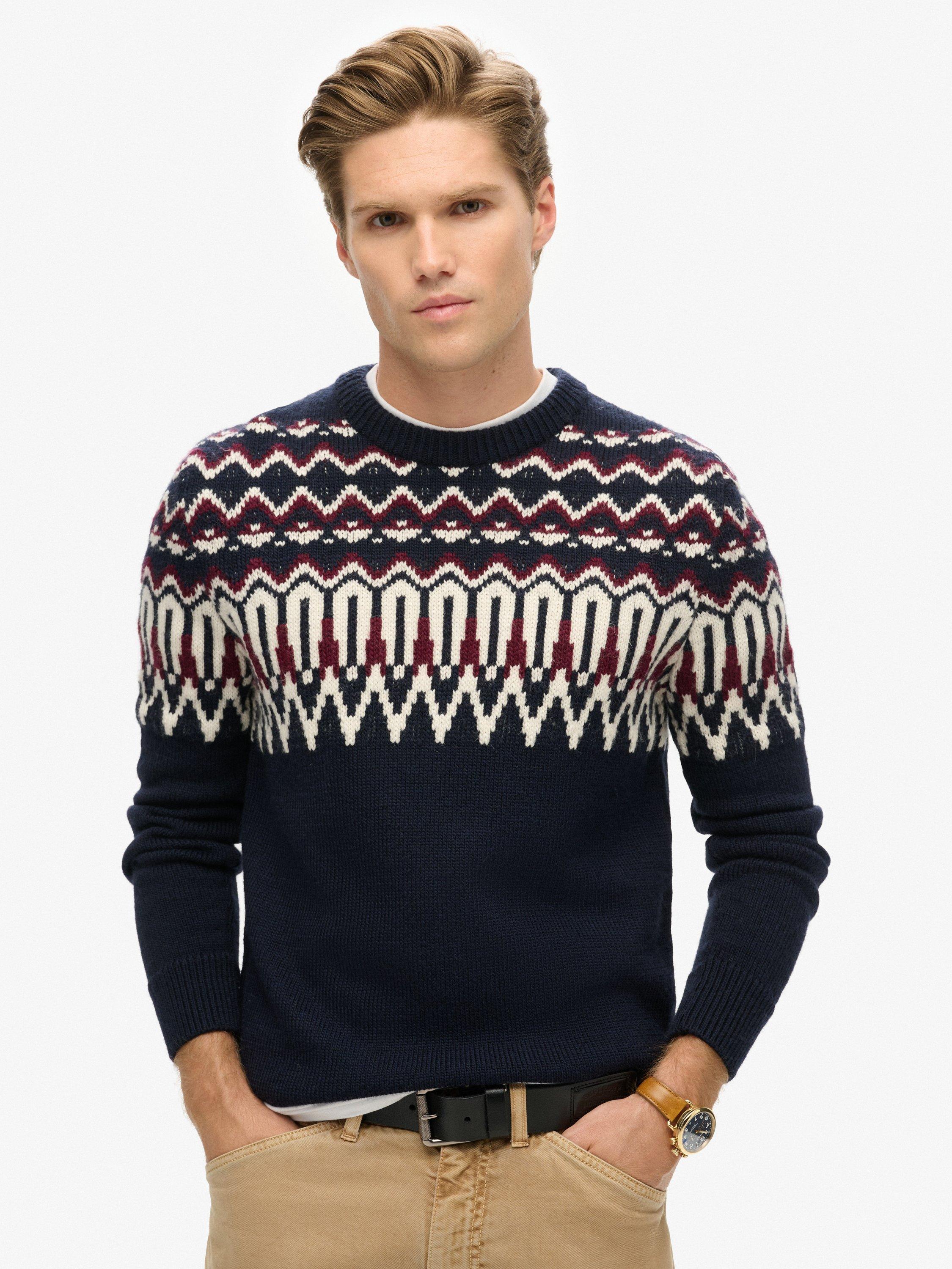 Product image 1 of 4, which shows Superdry Fair Isle Knit Crew Jumper, Navy Multi, L
