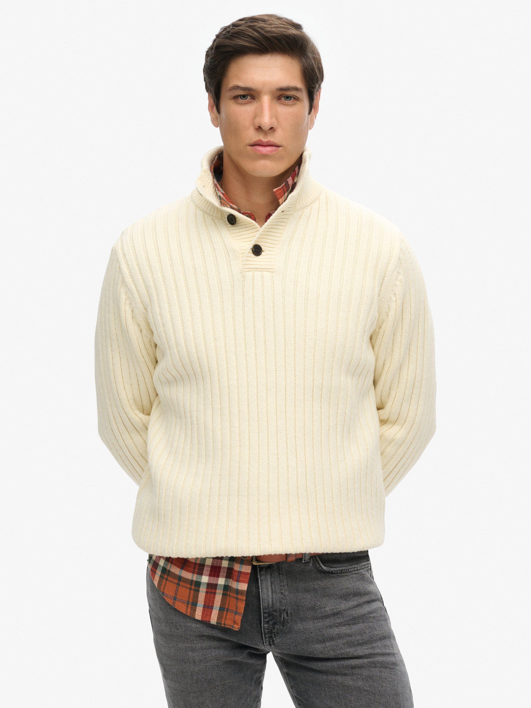 Product image 1 of 5, which shows SuperdryCotton Blend with Wool Ribbed Half Button jumper, Ecru, L