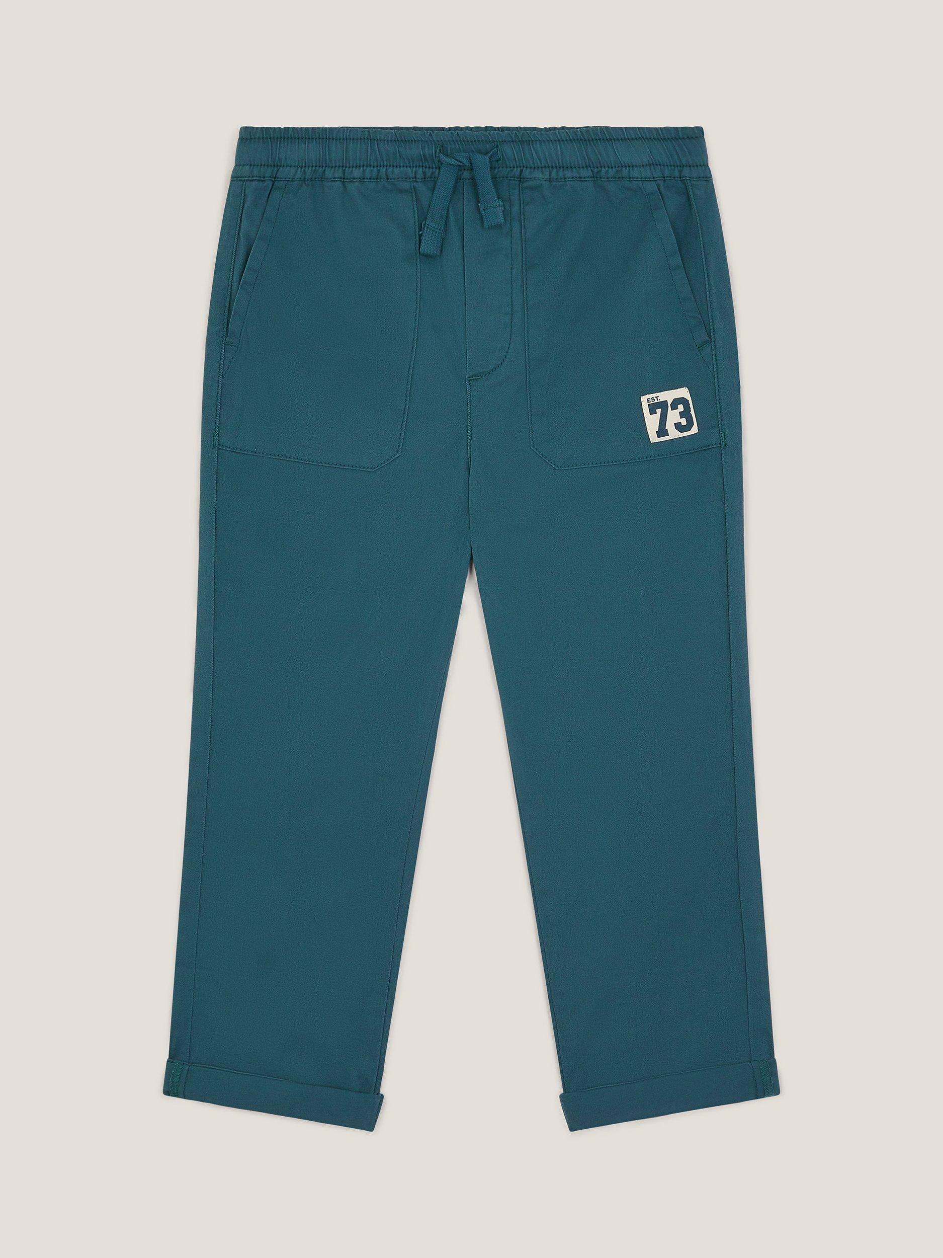 Product image 1 of 3, which shows Monsoon Kids' Cotton Rich Drawstring Cuffed Trousers, Blue, 2-3 years