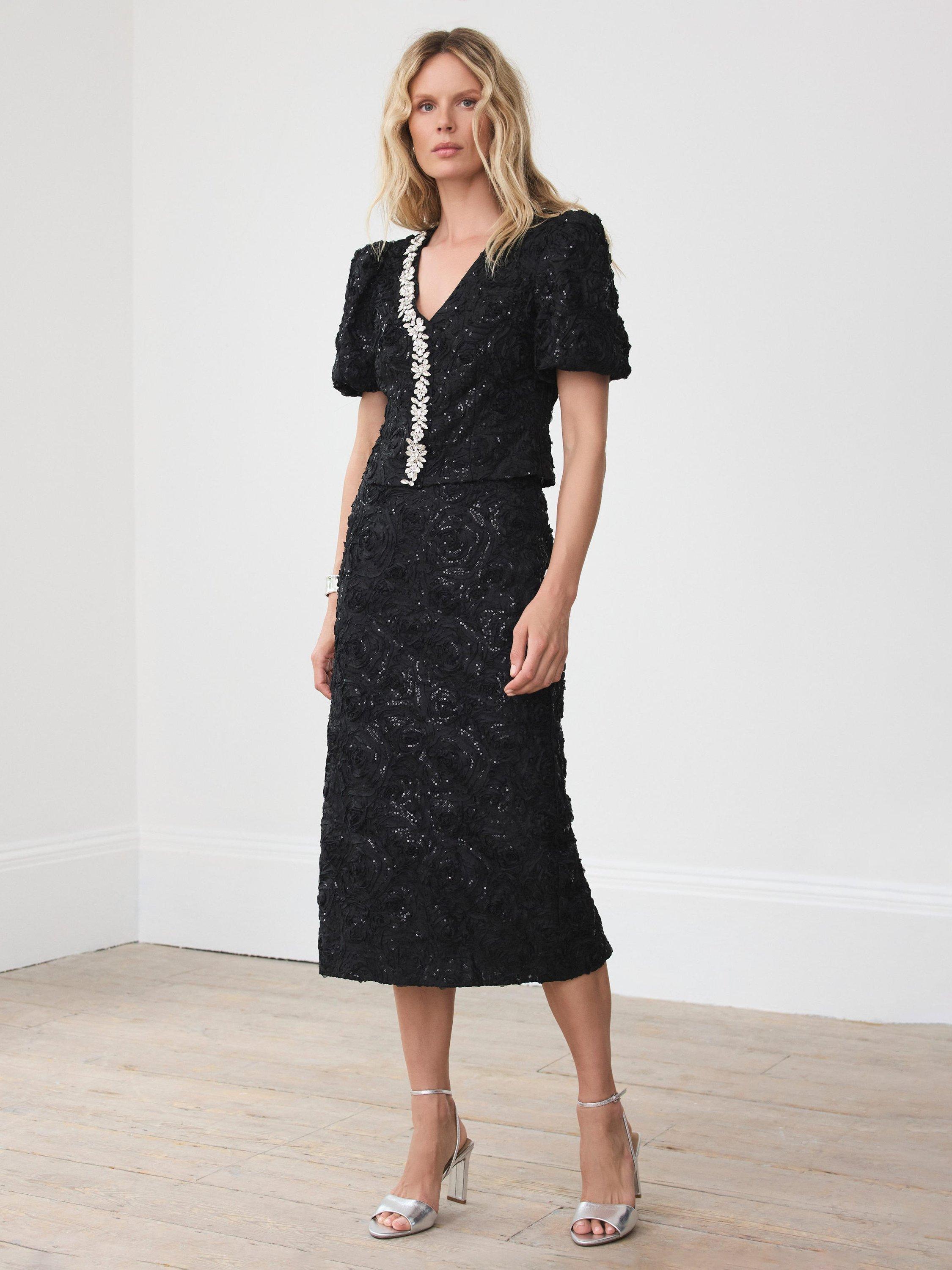 Product image 1 of 8, which shows Mint Velvet Sequin Midi Skirt, Black, 10