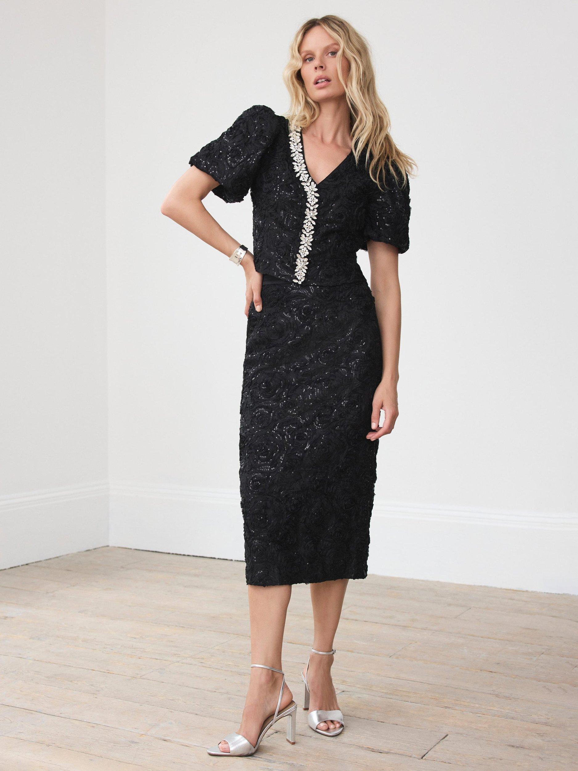 Product image 4 of 8, which shows Mint Velvet Sequin Midi Skirt, Black, 10