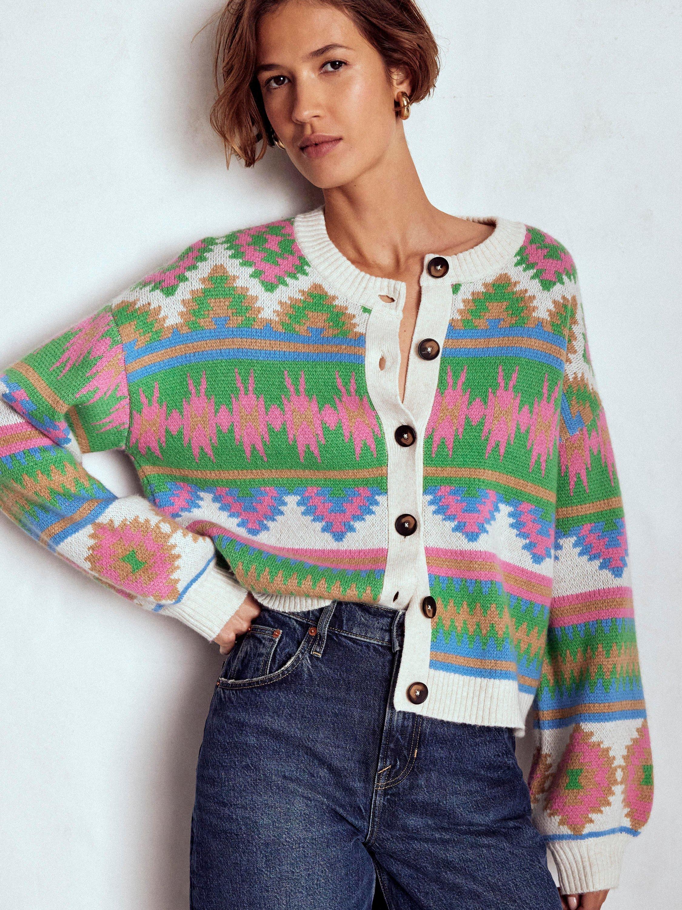 Product image 4 of 7, which shows Boden Abi Jacquard Wool Blend Cardigan, Multi, XS