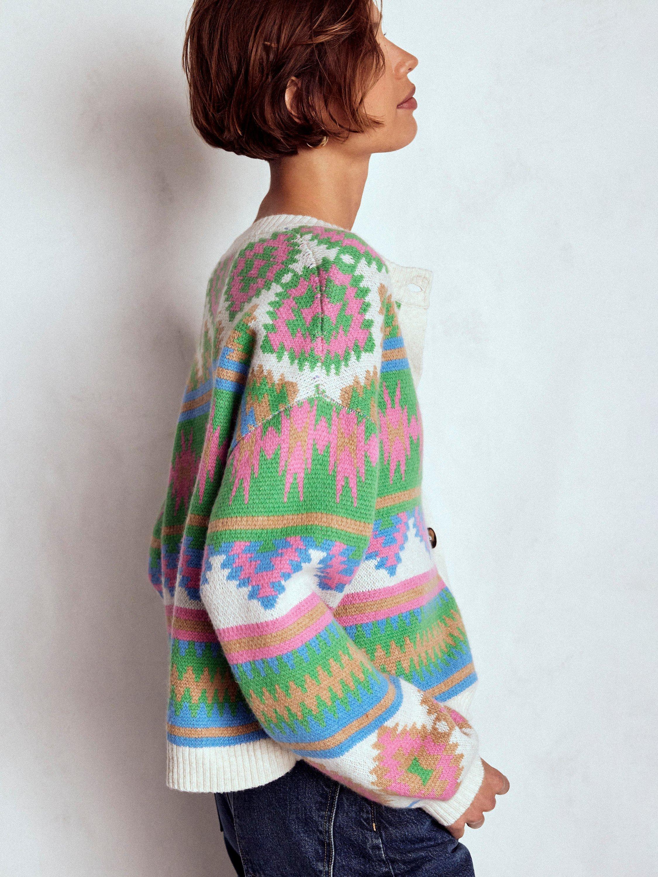 Product image 5 of 7, which shows Boden Abi Jacquard Wool Blend Cardigan, Multi, XS