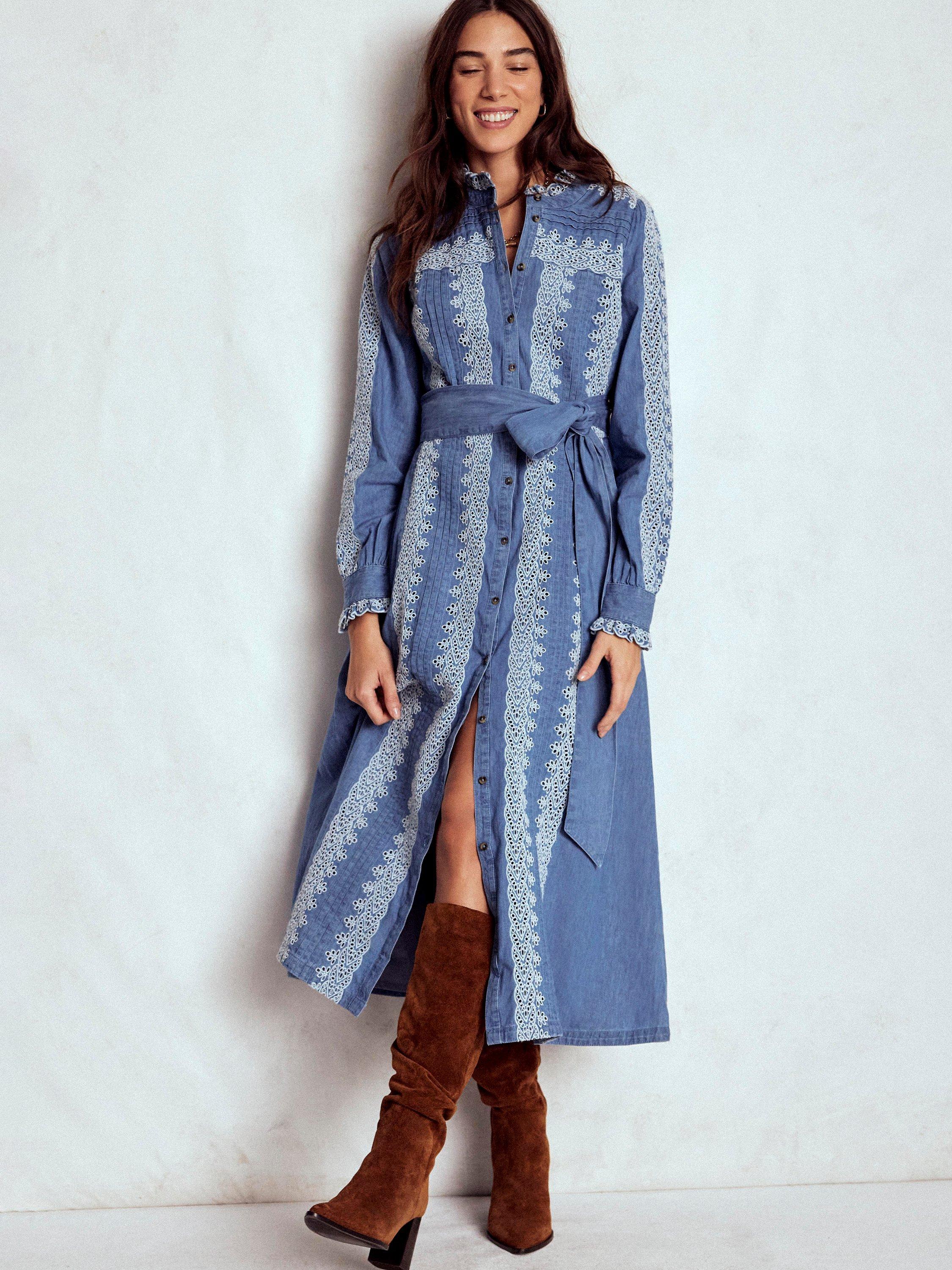 Product image 1 of 5, which shows Boden Ruffle Placket Denim Dress, Light Blue, 8