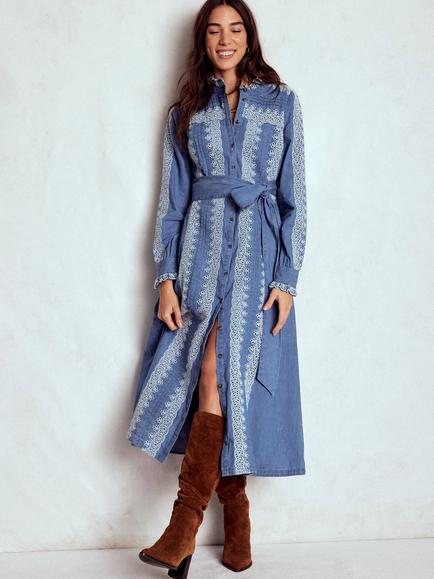 Boden Ruffle Placket Denim Dress, Light Blue, Light Blue