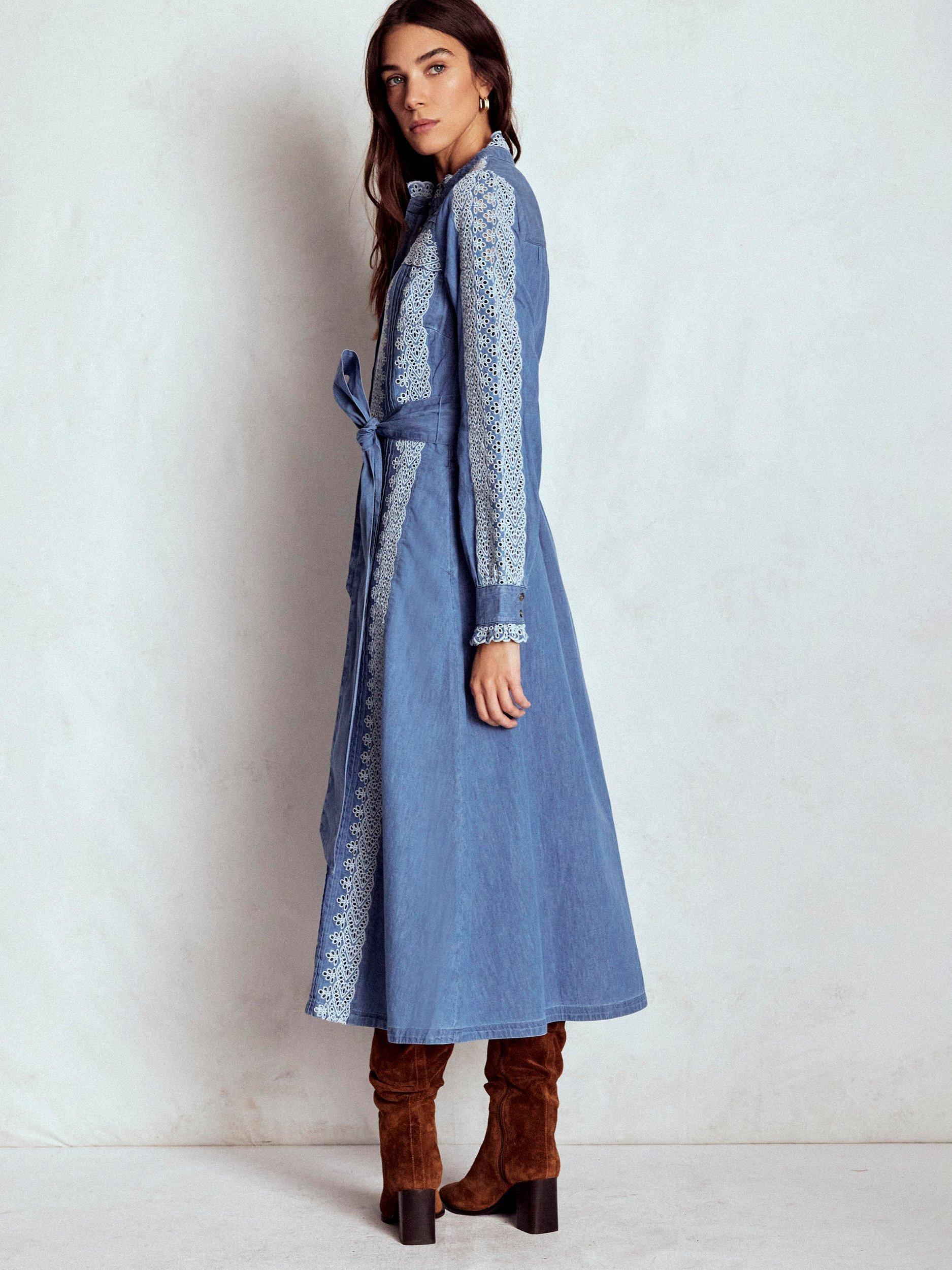 Product image 4 of 5, which shows Boden Ruffle Placket Denim Dress, Light Blue, 8