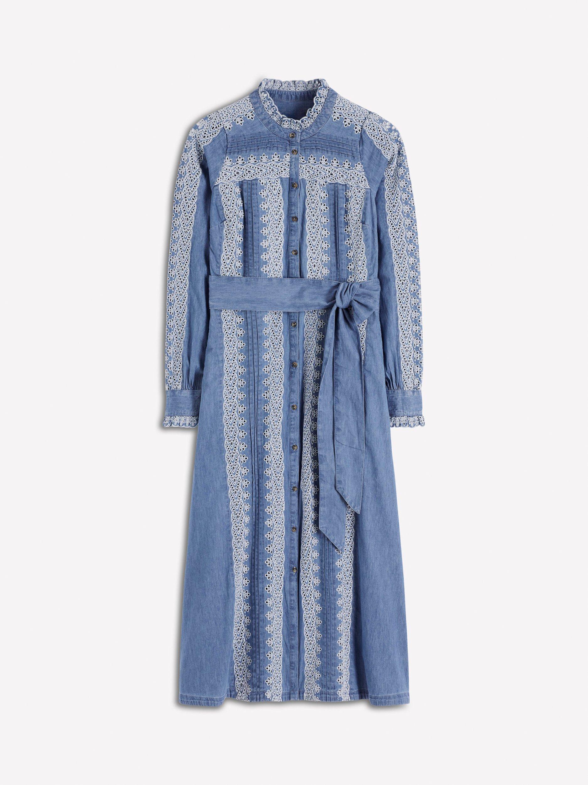 Product image 5 of 5, which shows Boden Ruffle Placket Denim Dress, Light Blue, 8