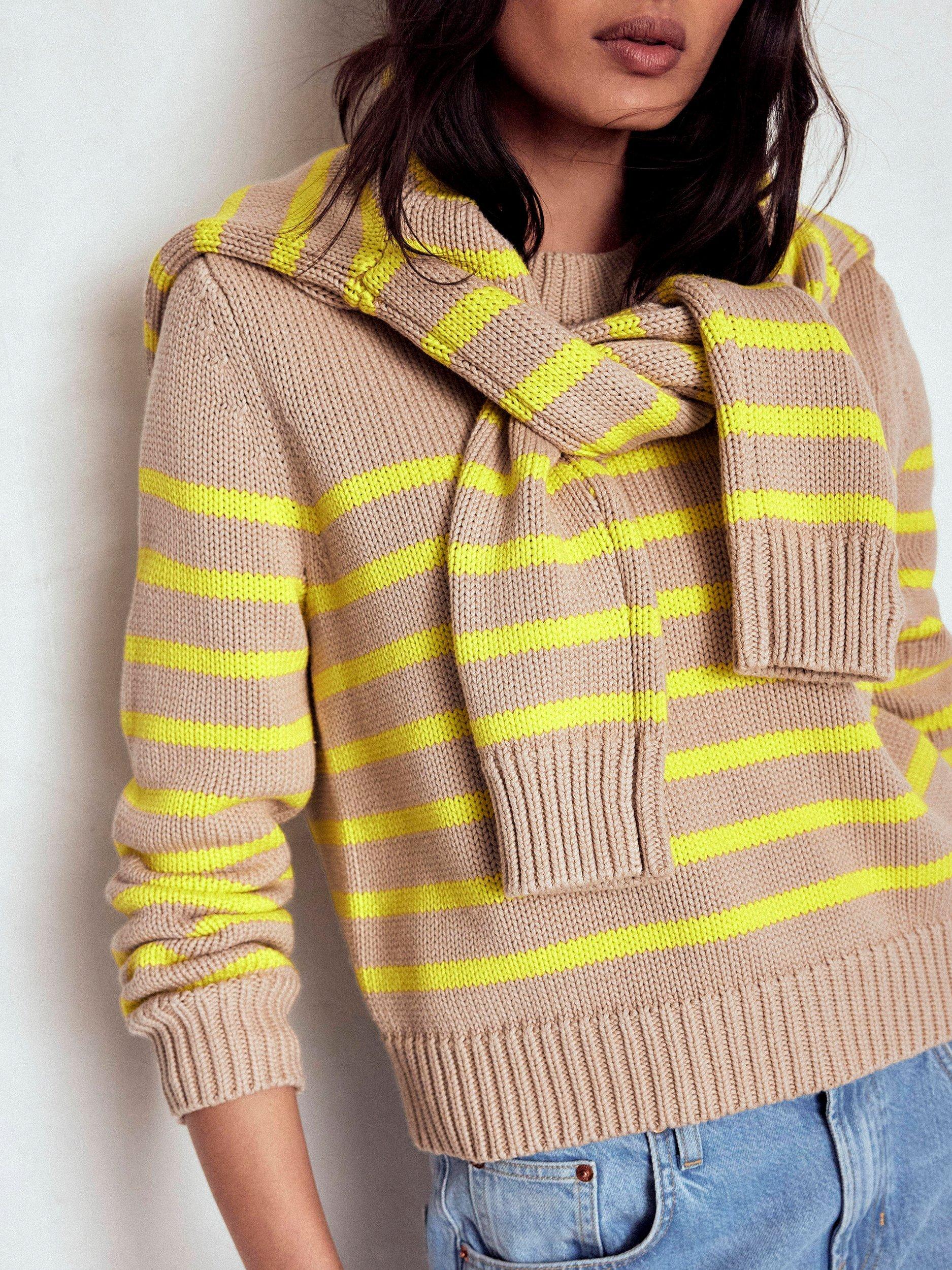 Product image 2 of 6, which shows Boden Lucy Chunky Stripe Jumper, Camel/Multi, XS