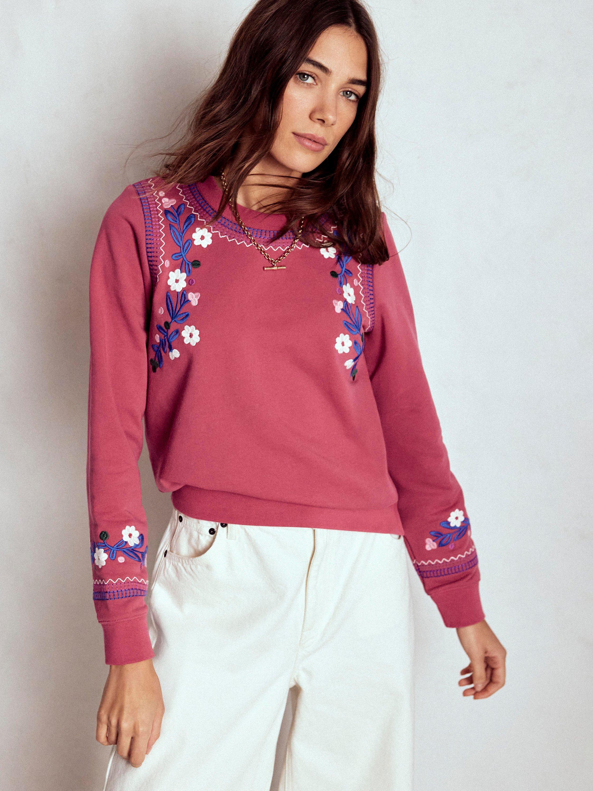 Product image 1 of 6, which shows Boden Hannah Embroide Floral Sweatshirt, Red/Multi, XS