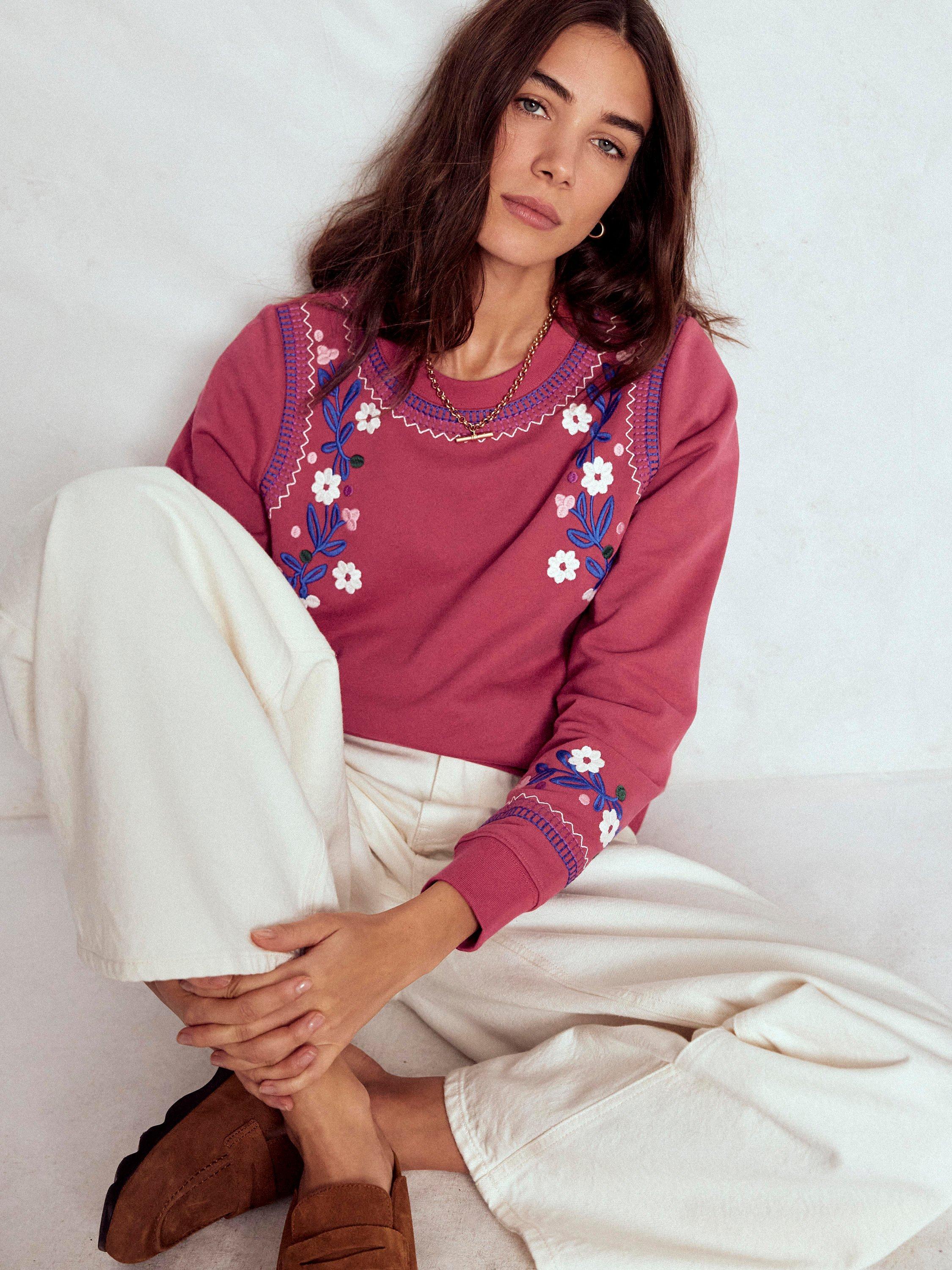 Product image 2 of 6, which shows Boden Hannah Embroide Floral Sweatshirt, Red/Multi, XS