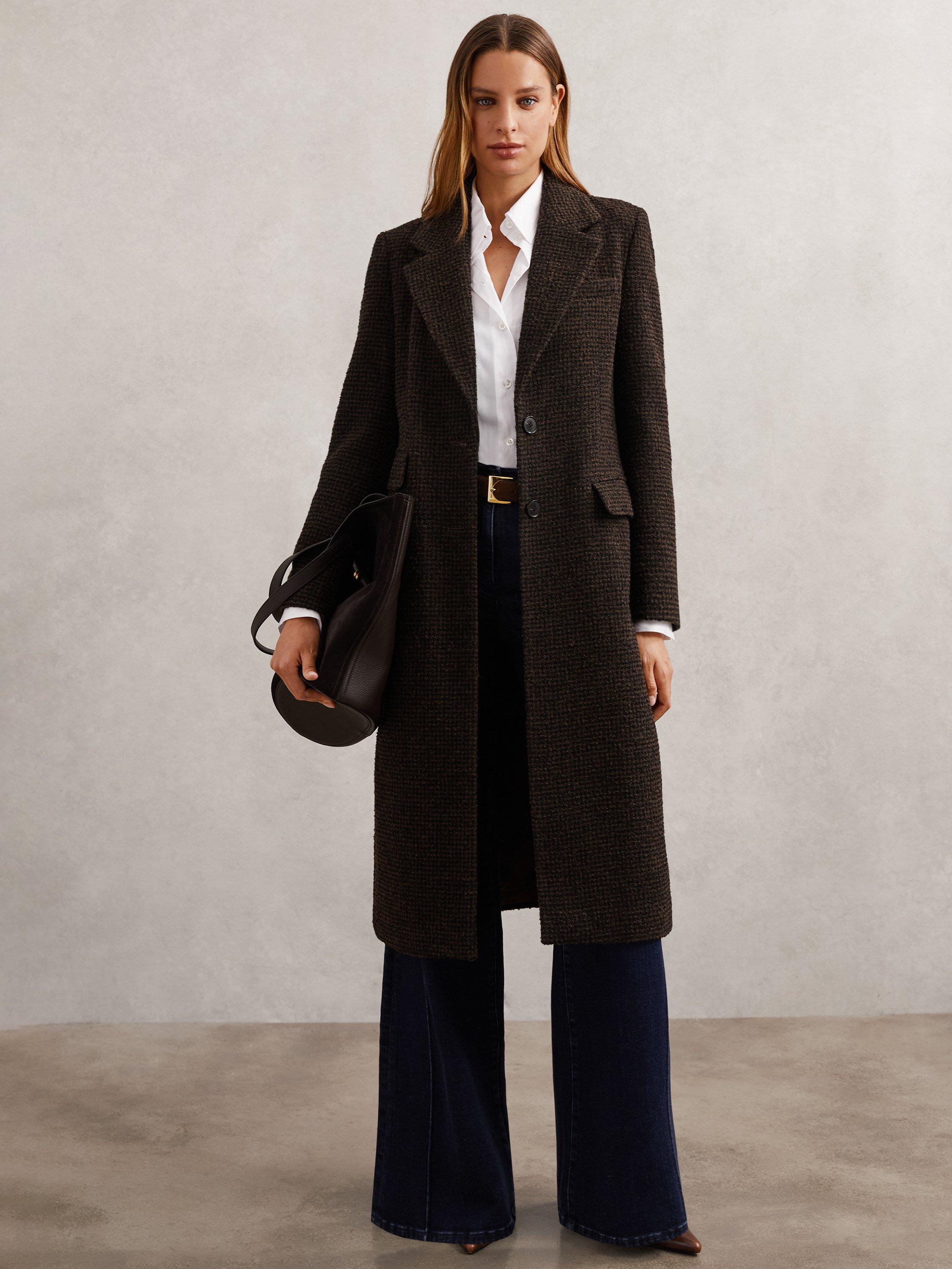 Product image 1 of 5, which shows Reiss Kai Wool Blend Longline Coat, Chocolate Brown, 6
