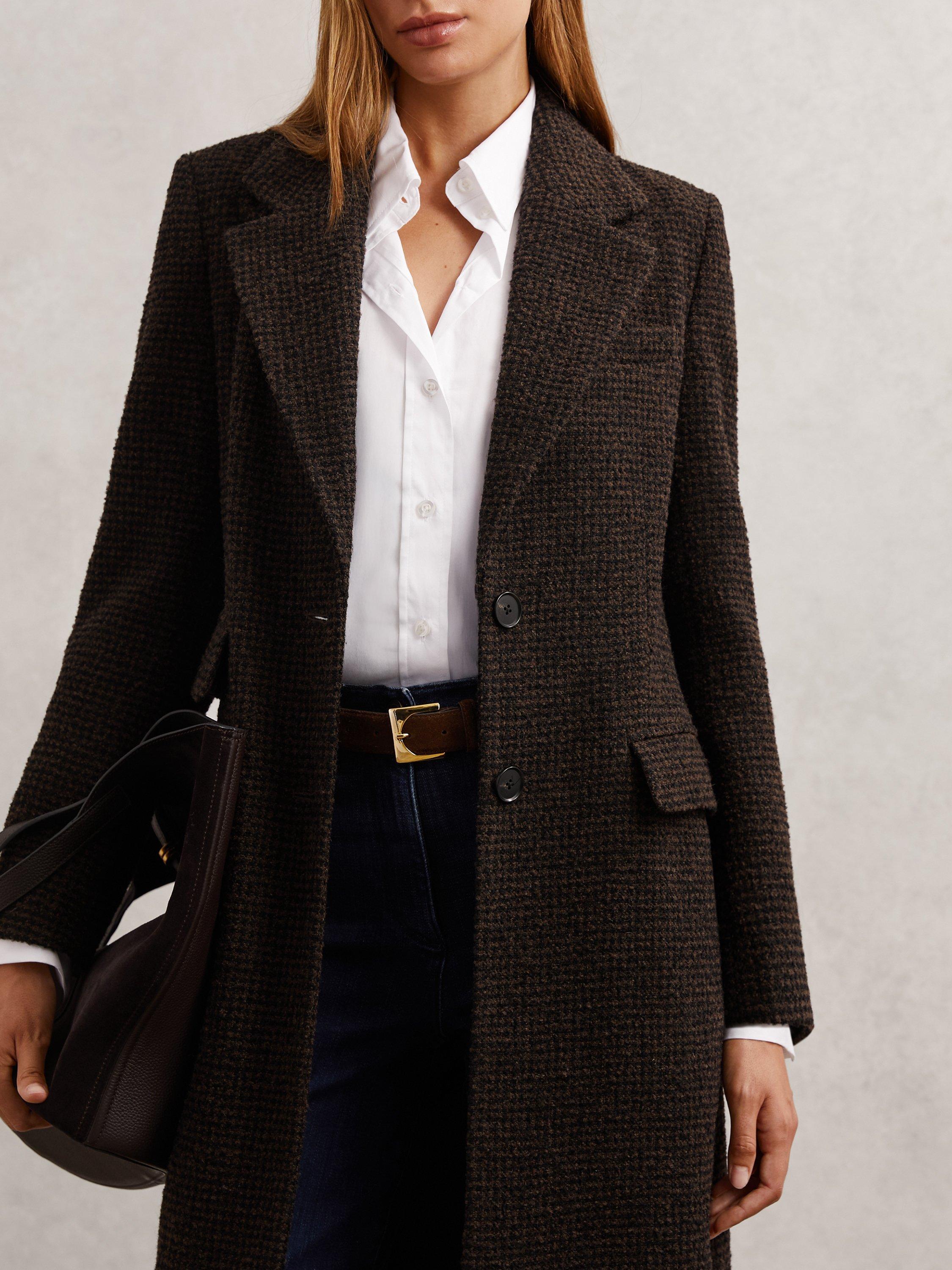 Product image 2 of 5, which shows Reiss Kai Wool Blend Longline Coat, Chocolate Brown, 6