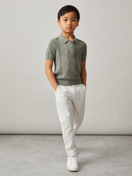 Reiss Kids' Spey Half Zip Pointelle Polo Shirt, Sage, Sage
