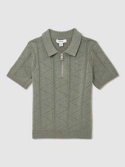 Reiss Kids' Spey Half Zip Pointelle Polo Shirt, Sage - view 2, Sage