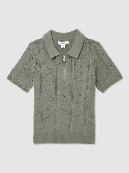 Reiss Kids' Spey Half Zip Pointelle Polo Shirt, Sage - view 2, Sage