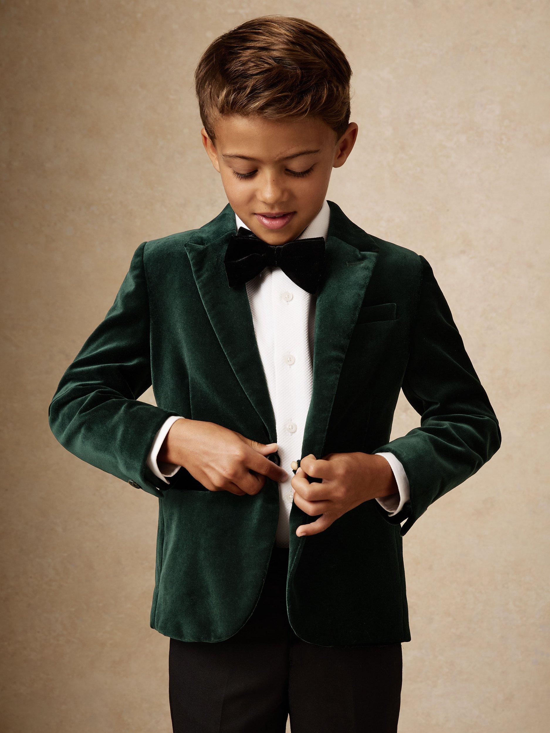 Product image 1 of 4, which shows Reiss Kids' Apsara Single Breasted Velvet Blazer, Green, 3-4 years
