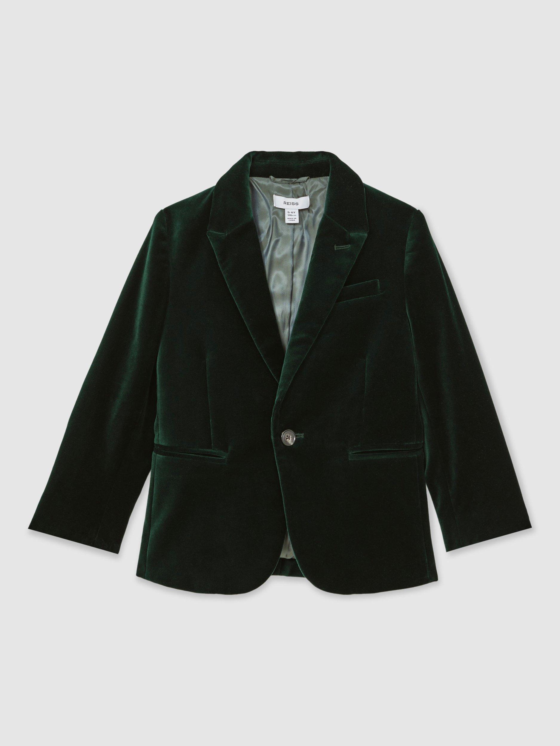 Product image 2 of 4, which shows Reiss Kids' Apsara Single Breasted Velvet Blazer, Green, 3-4 years