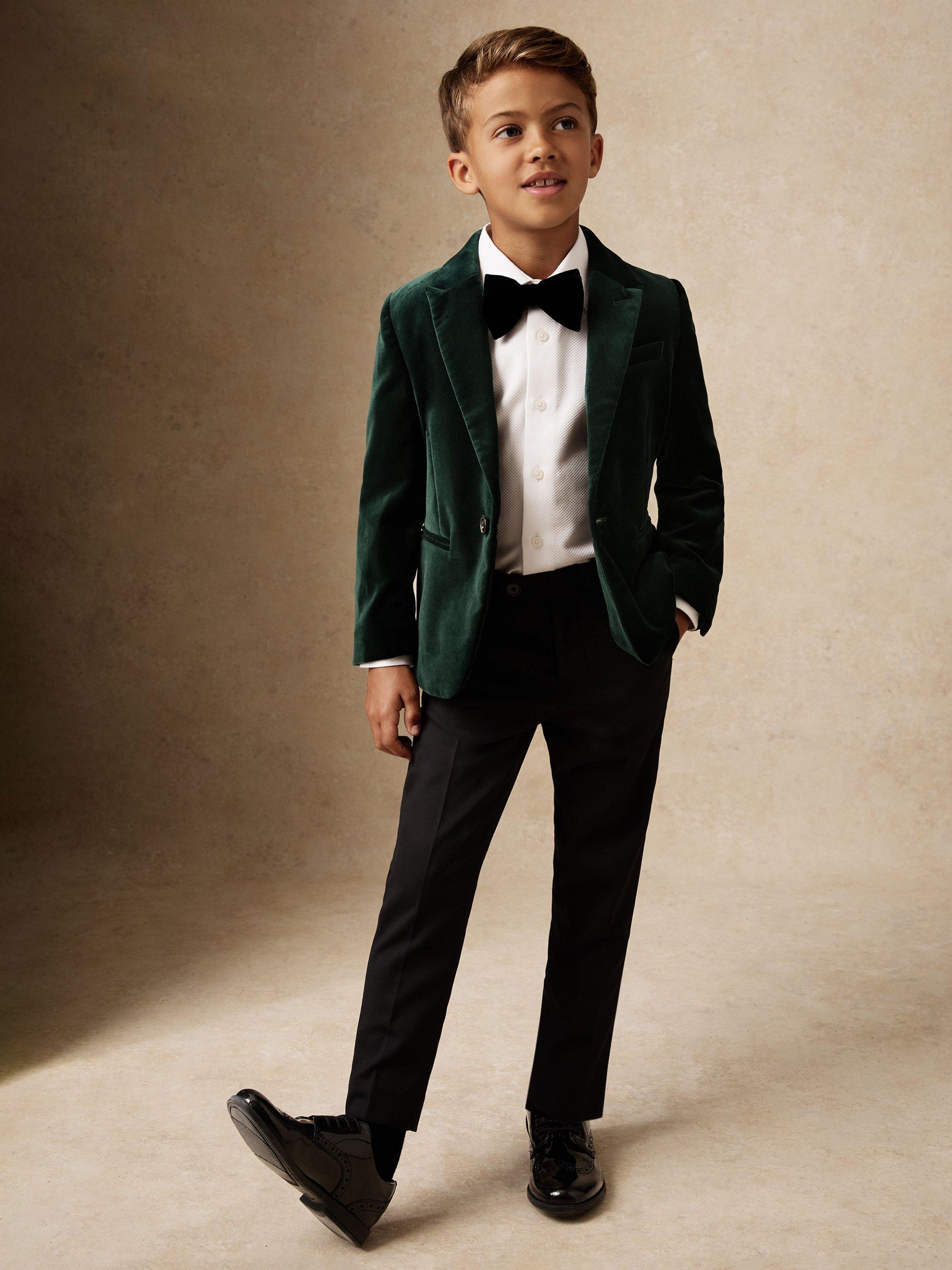 Product image 3 of 4, which shows Reiss Kids' Apsara Single Breasted Velvet Blazer, Green, 3-4 years