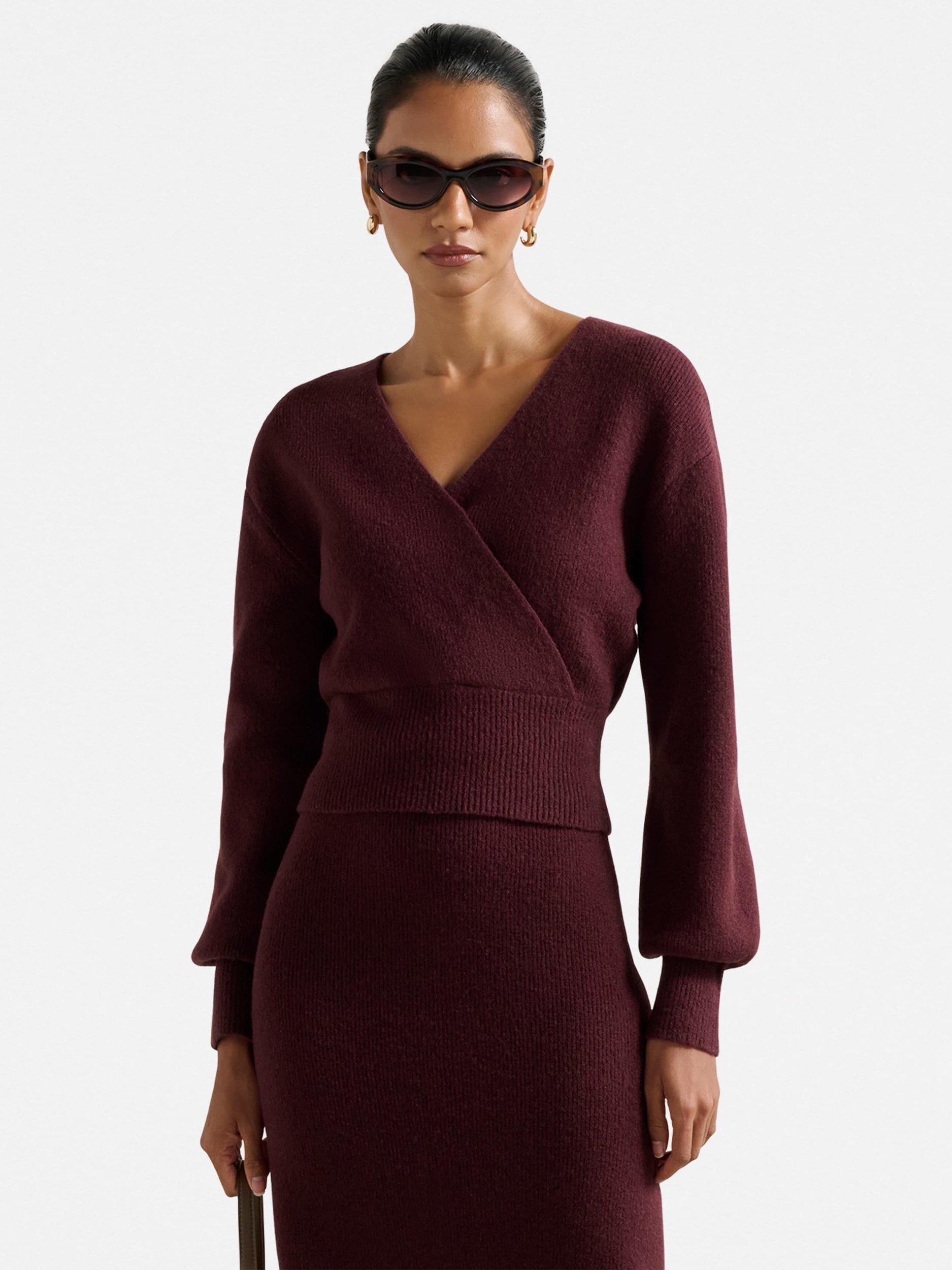 Product image 1 of 5, which shows Forever New Petite Sloane Wrap Jumper, Mulled Wine, L
