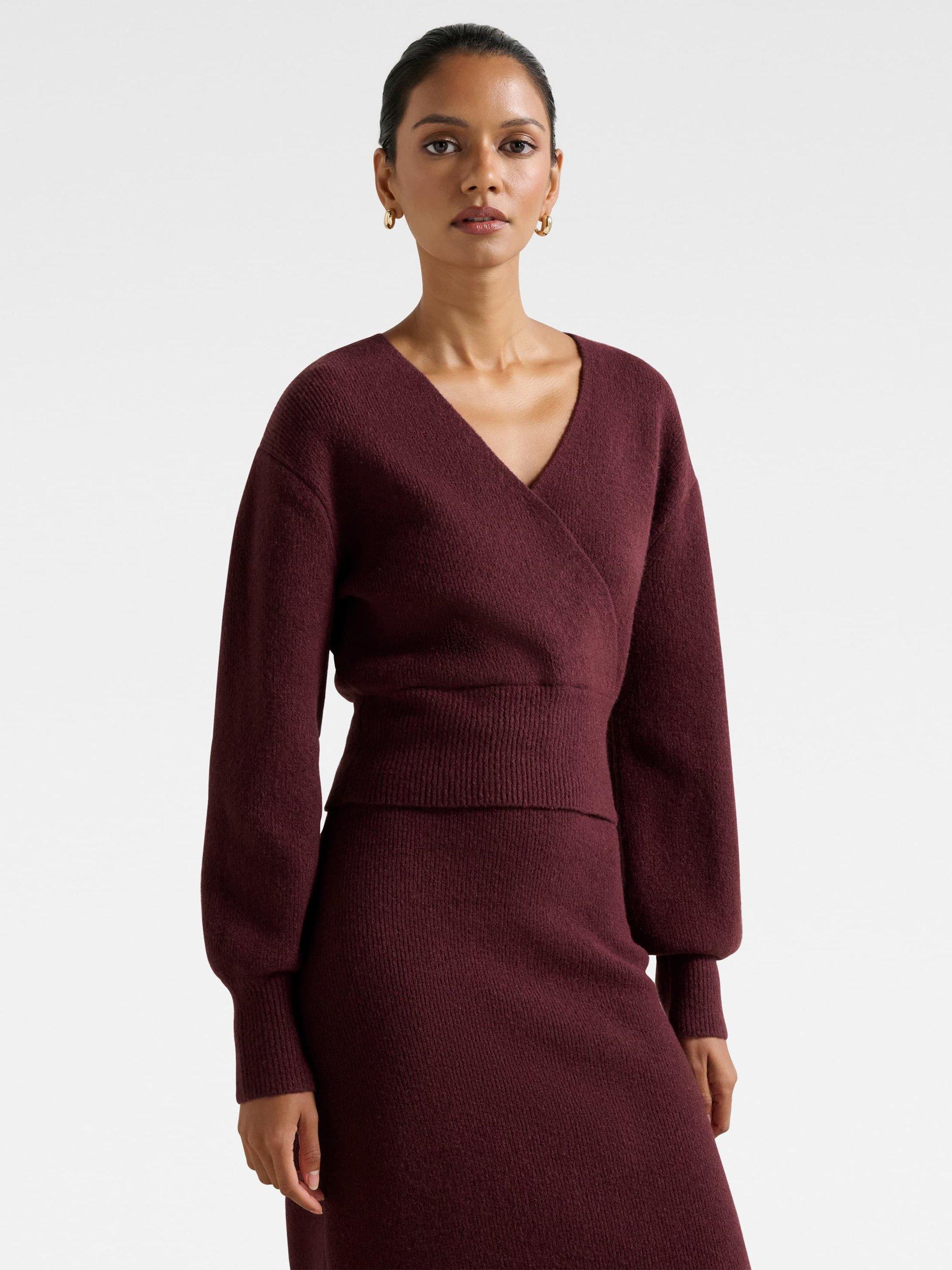 Product image 3 of 5, which shows Forever New Petite Sloane Wrap Jumper, Mulled Wine, L